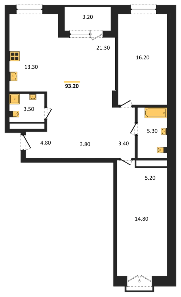 Планировка: 3-комн., 93,2 м²