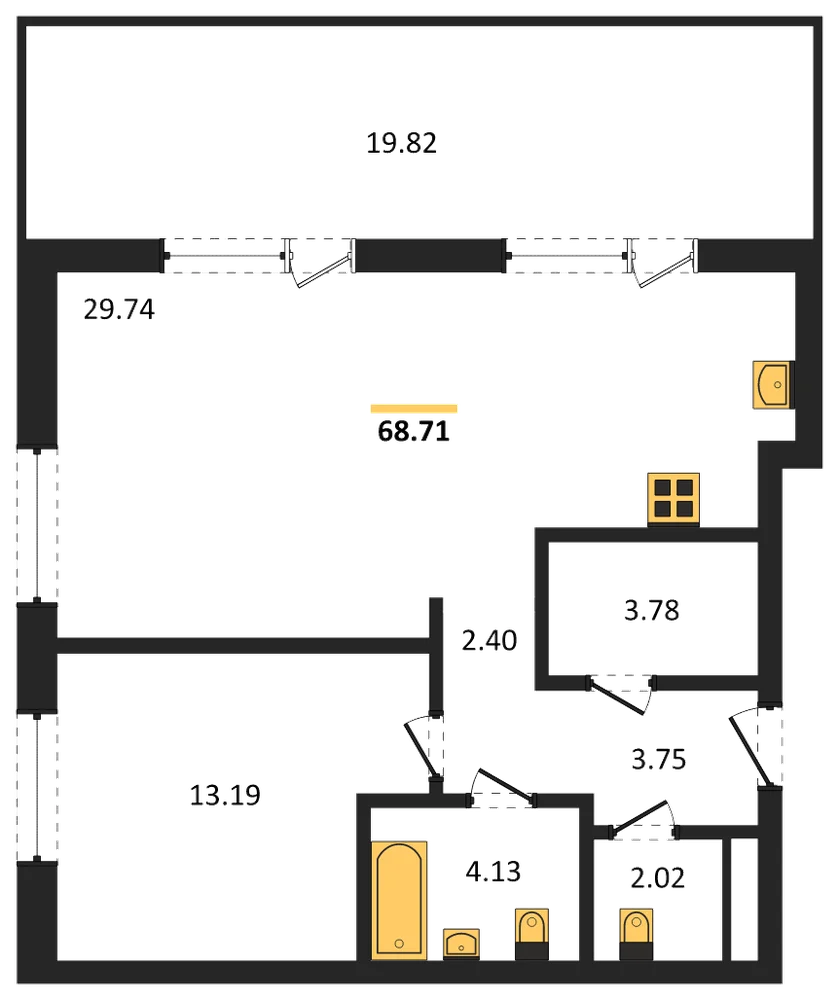 Планировка: 1-комн., 68,7 м²