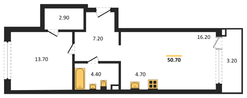 Планировка: 1-комн., 50,7 м²