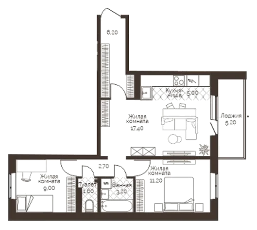 Планировка: 2-комн., 58,9 м²