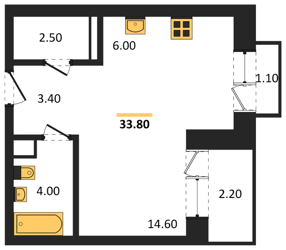 Планировка: Студия, 33,8 м²