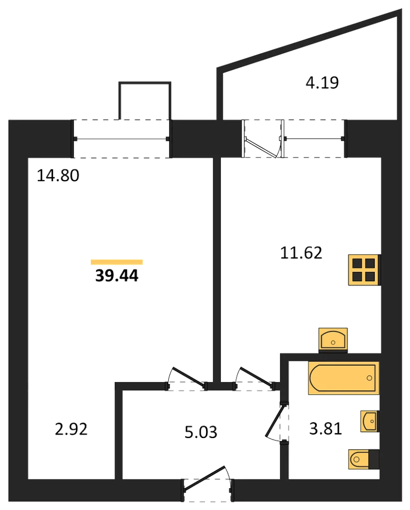 Планировка: 1-комн., 39,4 м²