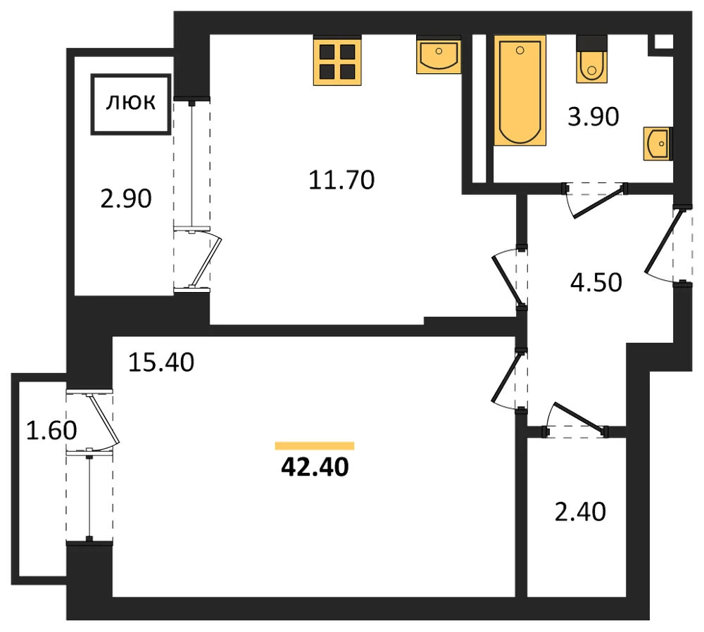 Планировка: 1-комн., 42,4 м²