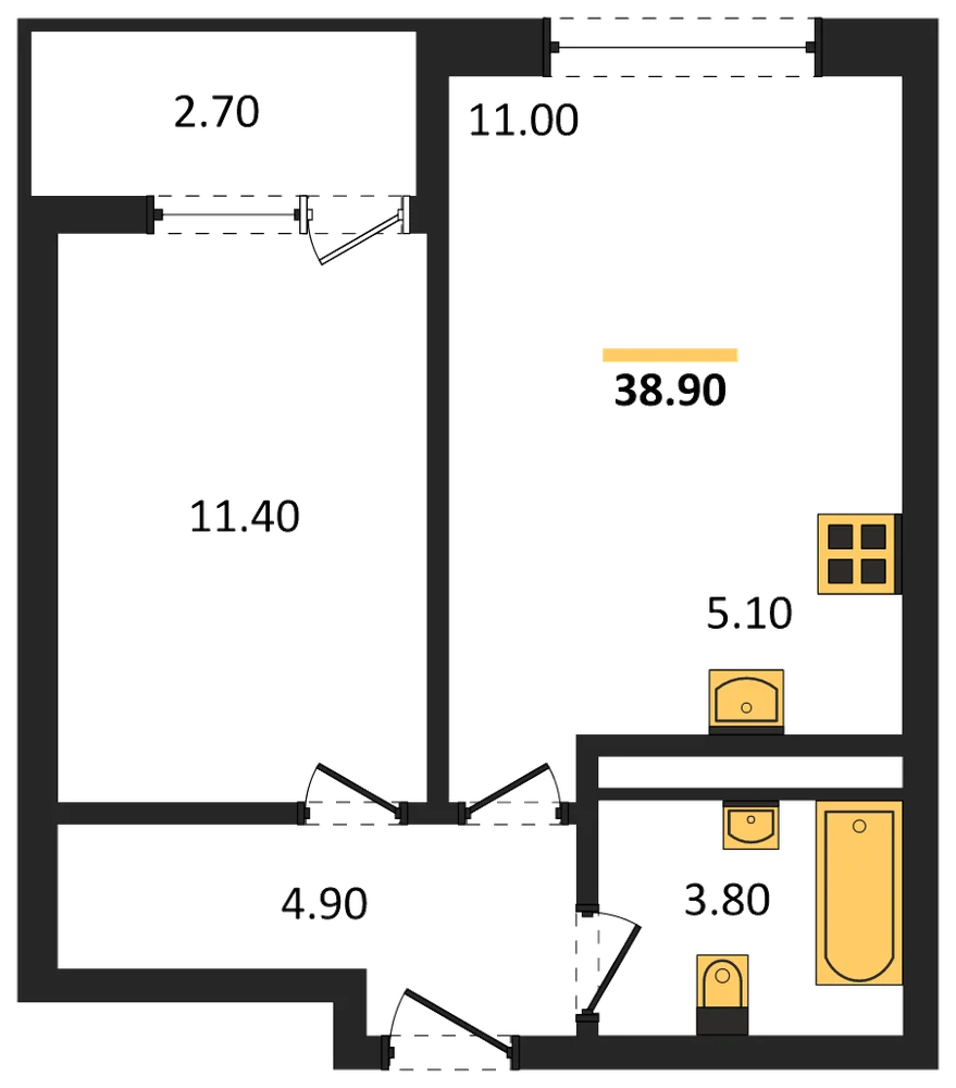 Планировка: 1-комн., 38,9 м²
