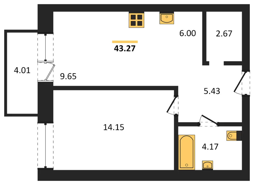 Планировка: 1-комн., 43,3 м²