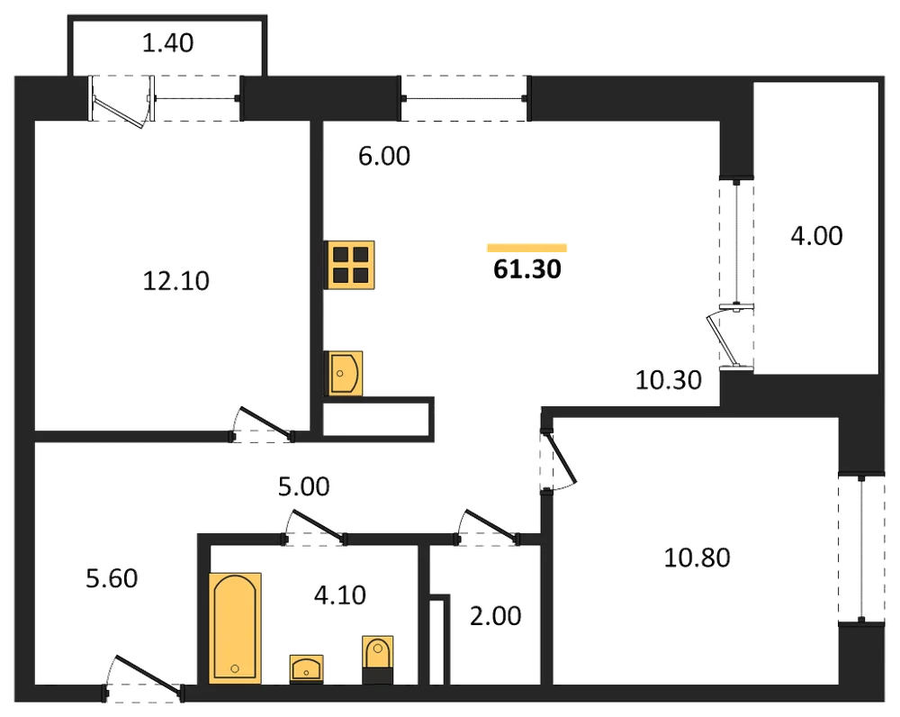 Планировка: 2-комн., 61,3 м²