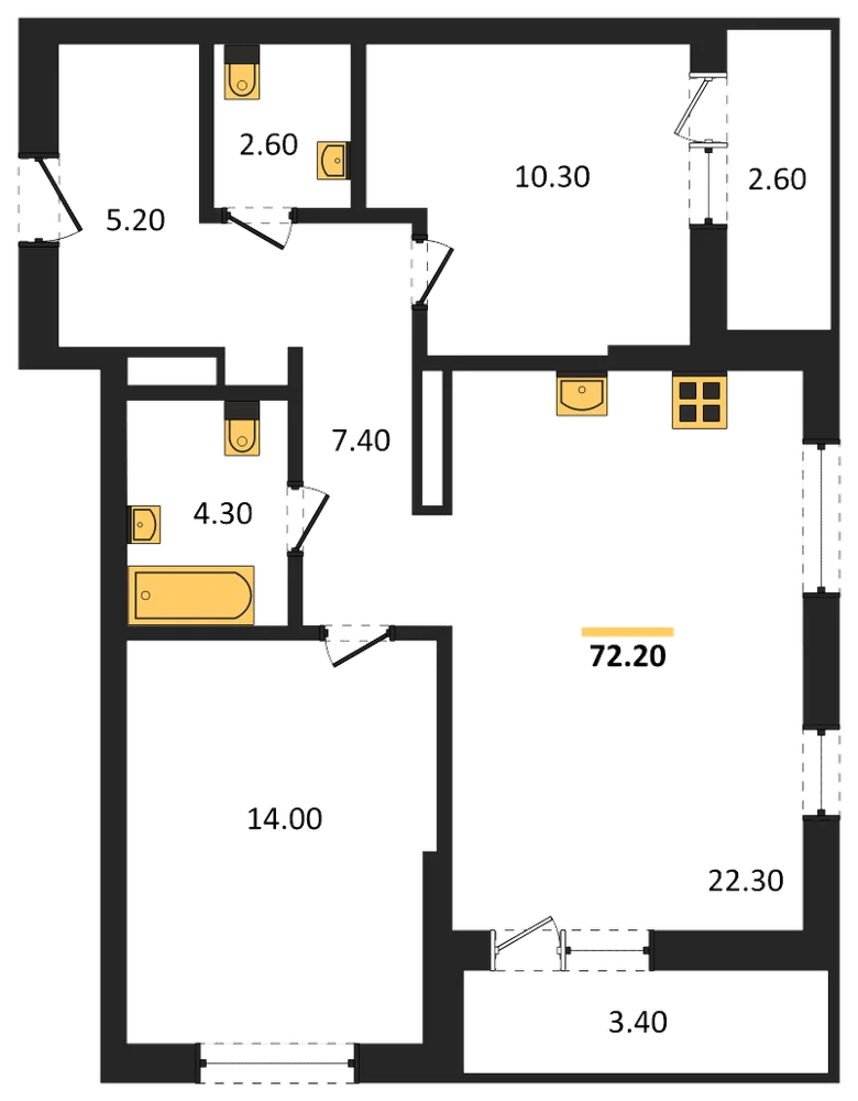Планировка: 2-комн., 72,2 м²