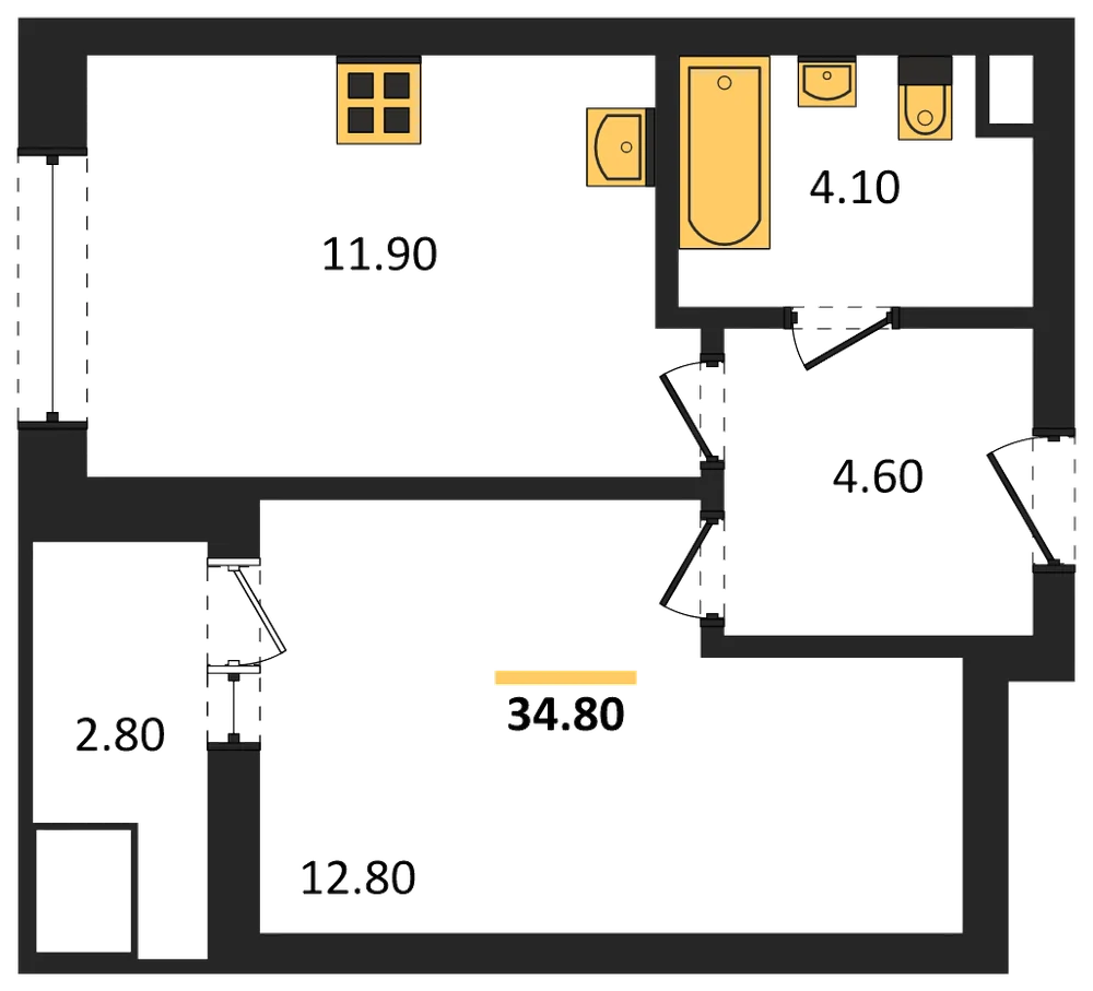 Планировка: 1-комн., 34,8 м²