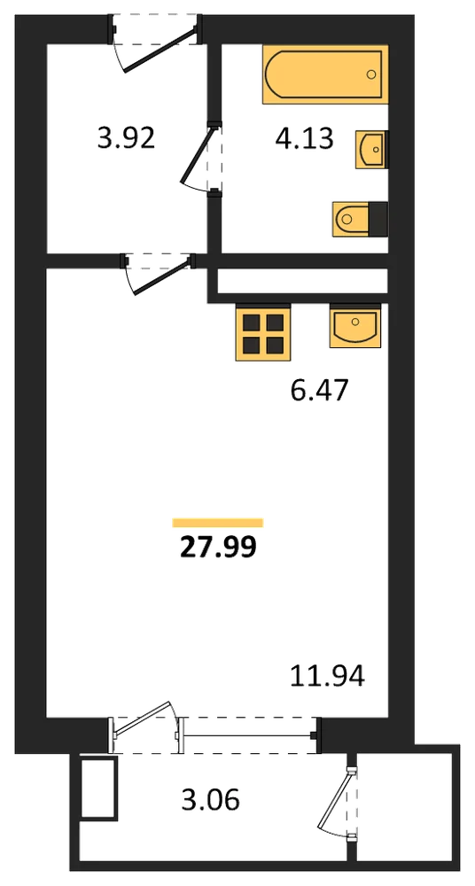 Планировка: Студия, 28 м²