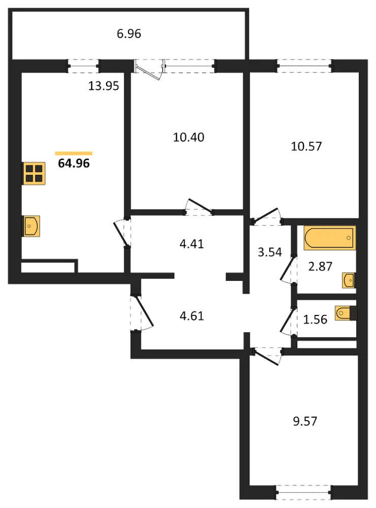 Планировка: 3-комн., 65 м²