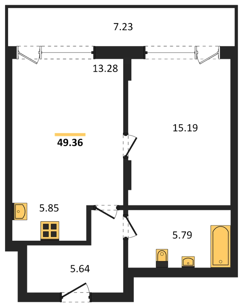 Планировка: 1-комн., 49,4 м²