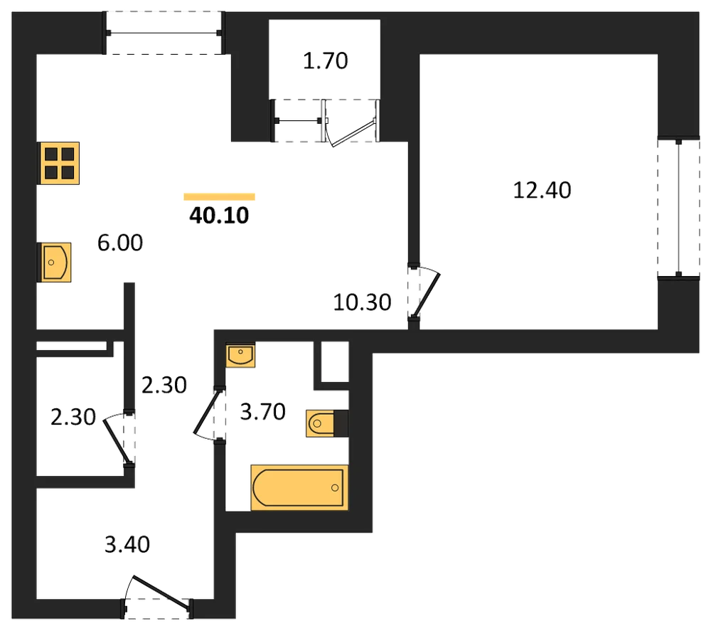 Планировка: 1-комн., 42,1 м²