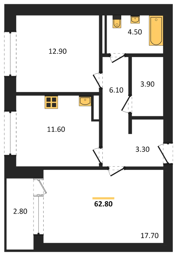 Планировка: 2-комн., 62,8 м²