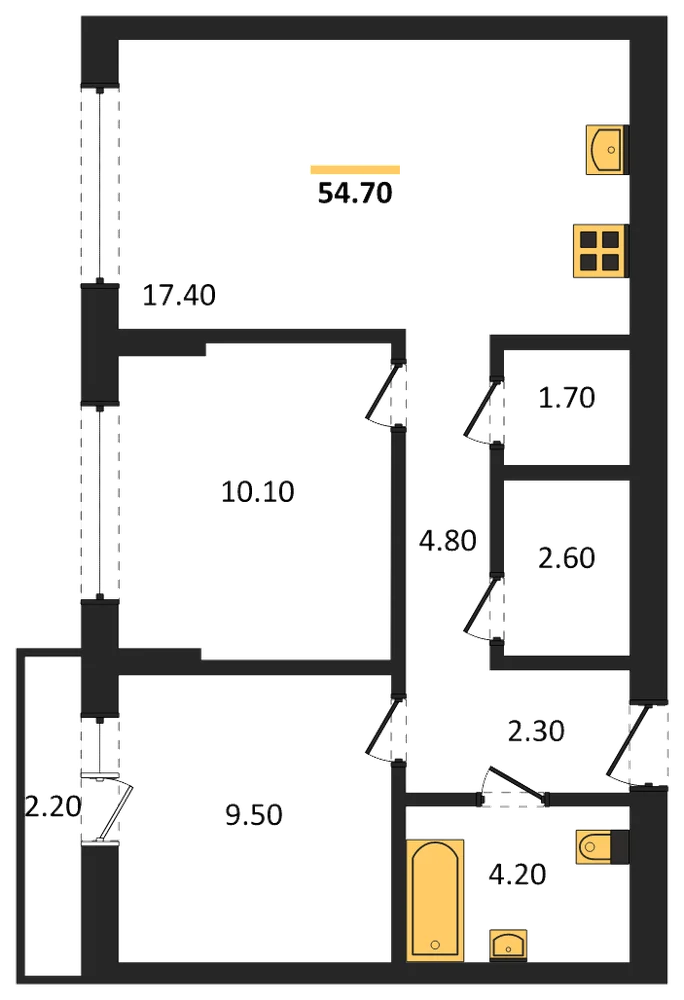 Планировка: 2-комн., 54,7 м²