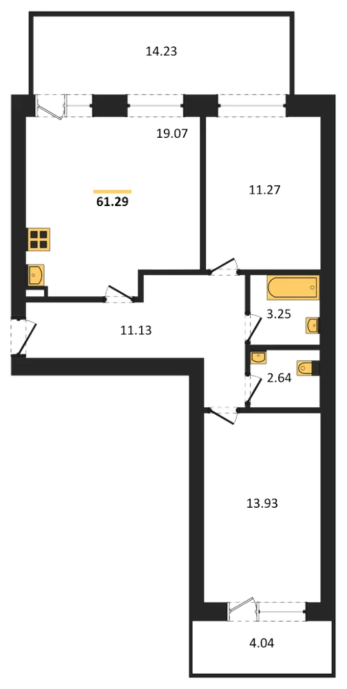 Планировка: 2-комн., 61 м²