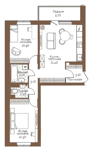 Планировка: 2-комн., 58,6 м²