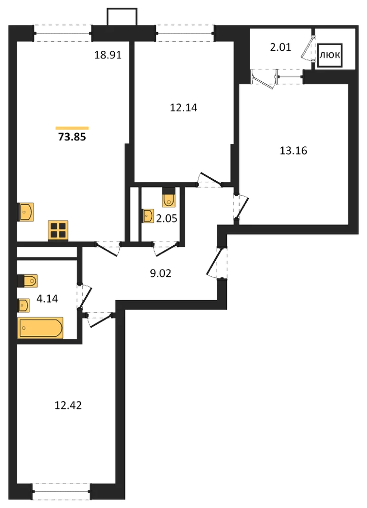Планировка: 3-комн., 74 м²