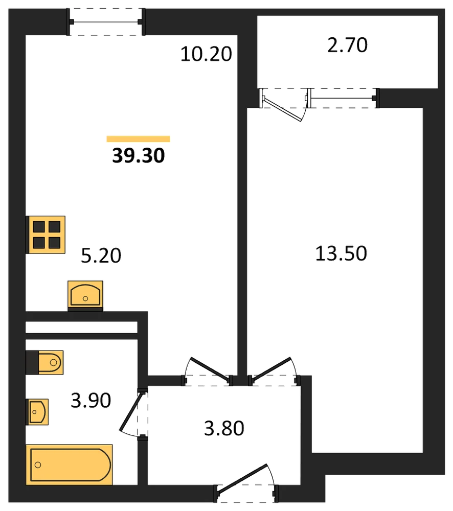Планировка: 1-комн., 39,3 м²