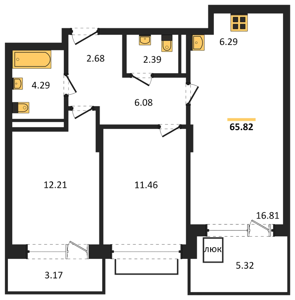 Планировка: 2-комн., 64,9 м²