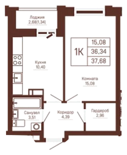 Планировка: 1-комн., 37,7 м²