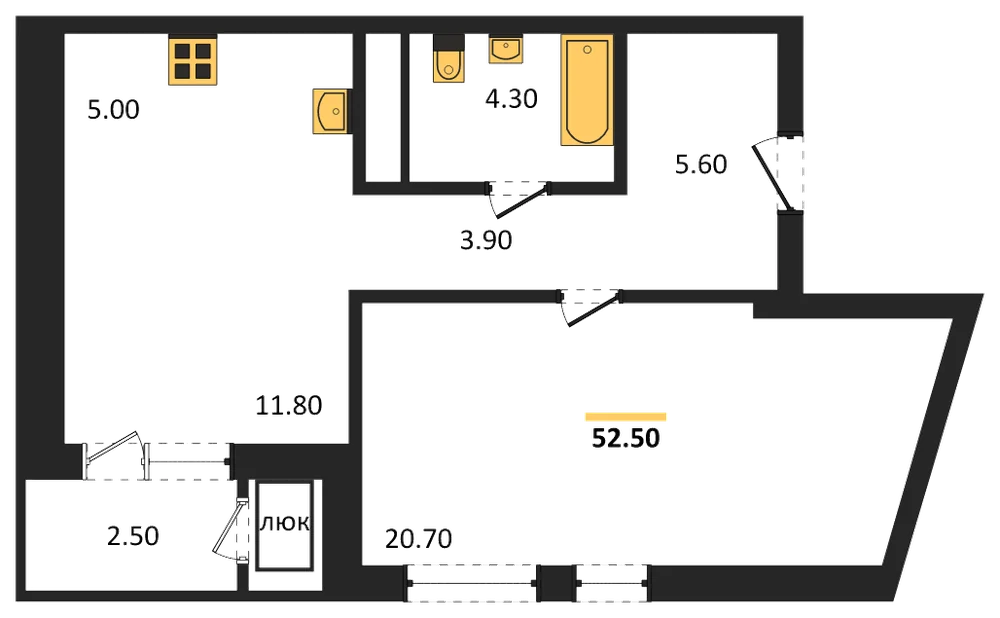 Планировка: 2-комн., 52,5 м²