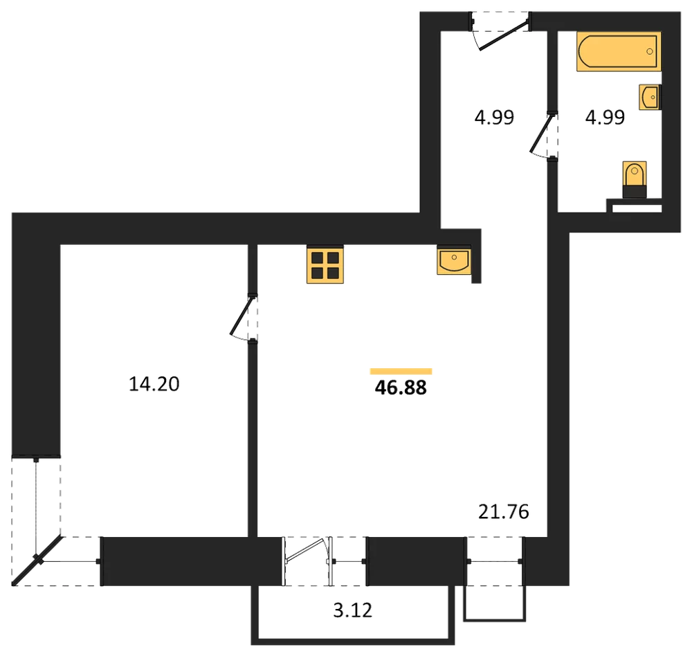 Планировка: 1-комн., 46,9 м²