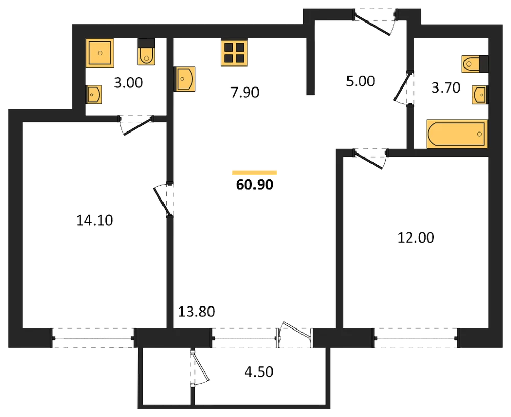 Планировка: 2-комн., 60,9 м²