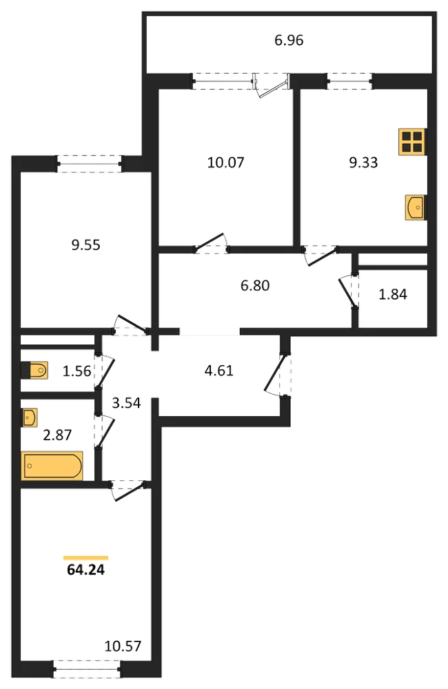 Планировка: 3-комн., 64,2 м²