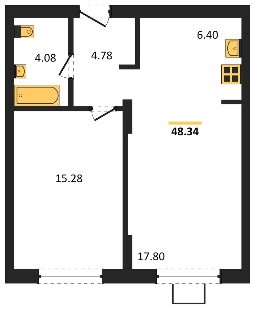 Планировка: 1-комн., 48,3 м²