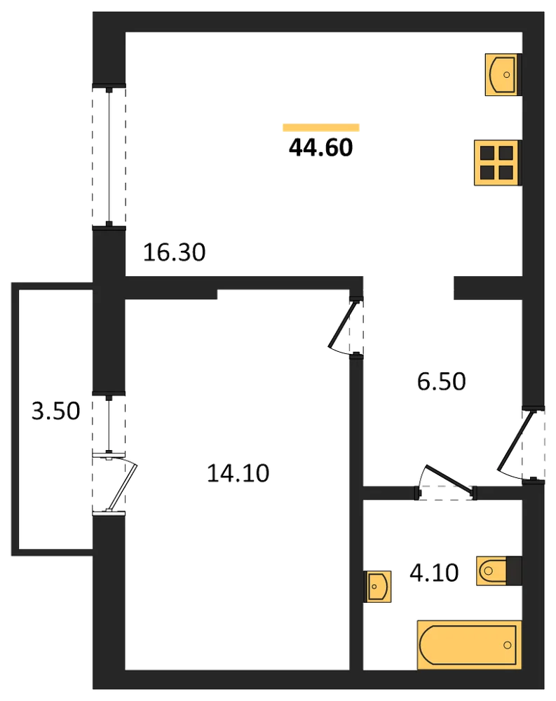 Планировка: 1-комн., 44,6 м²