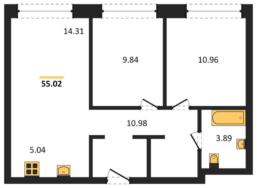 Планировка: 3-комн., 55 м²