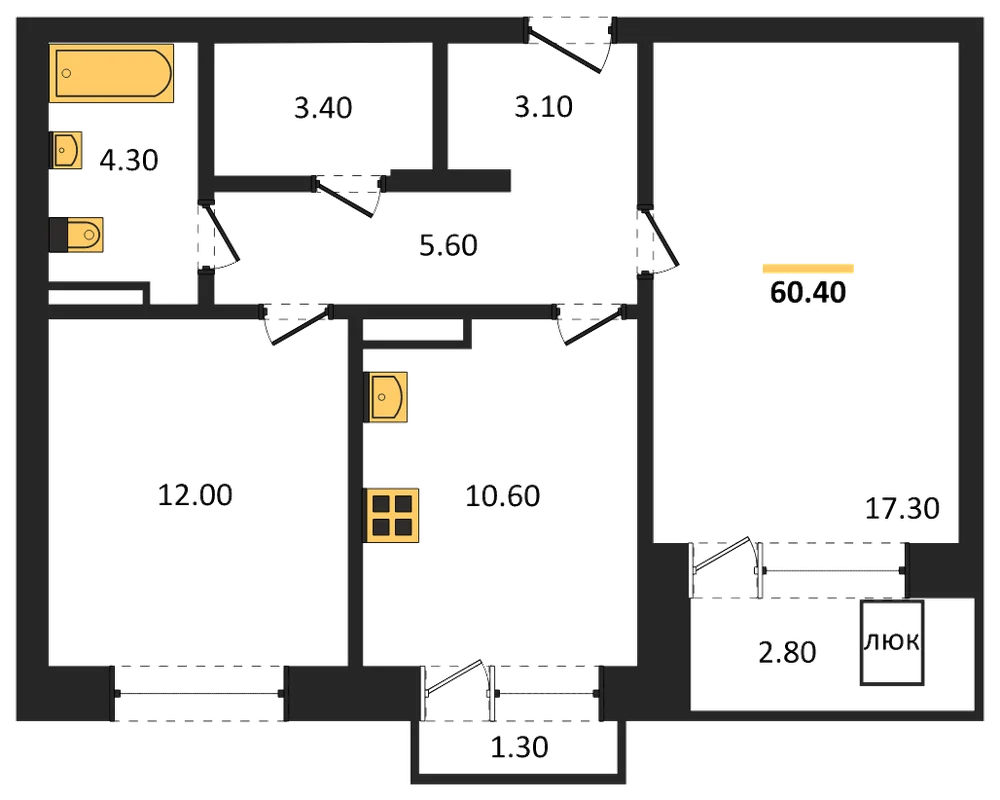 Планировка: 2-комн., 60,4 м²