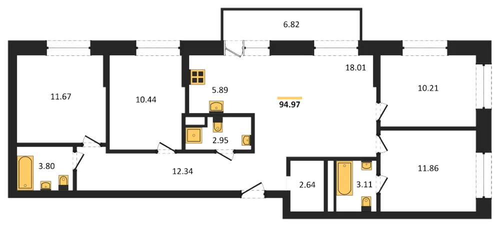 Планировка: 4-комн., 95 м²