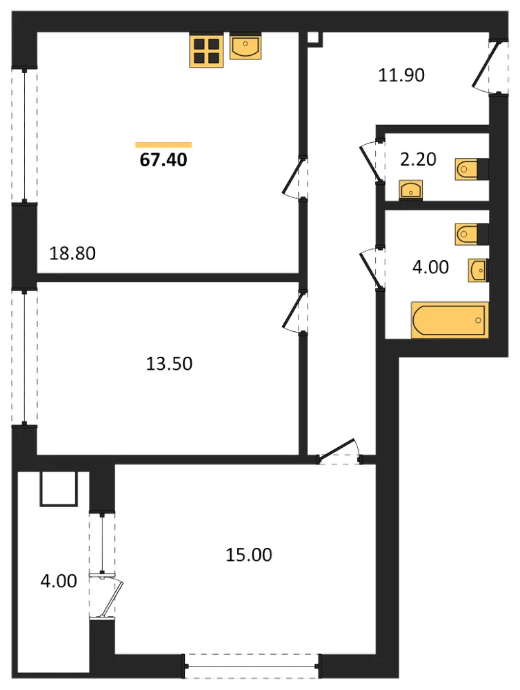 Планировка: 2-комн., 67,4 м²