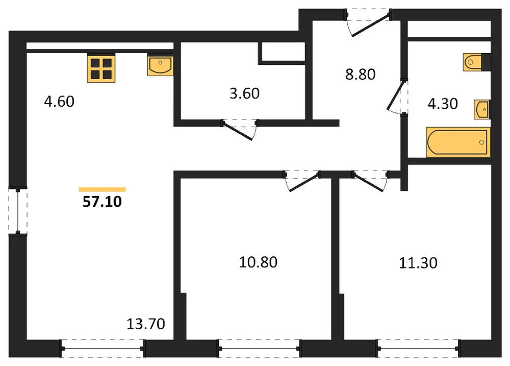 Планировка: 2-комн., 57,1 м²