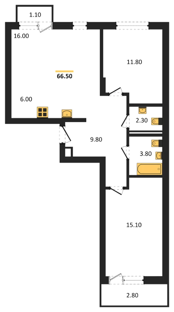 Планировка: 2-комн., 66,5 м²