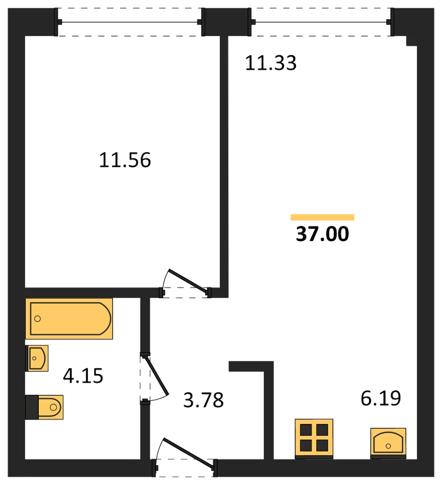 Планировка: 1-комн., 37 м²