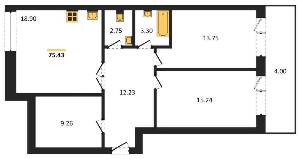 Планировка: 2-комн., 75,2 м²