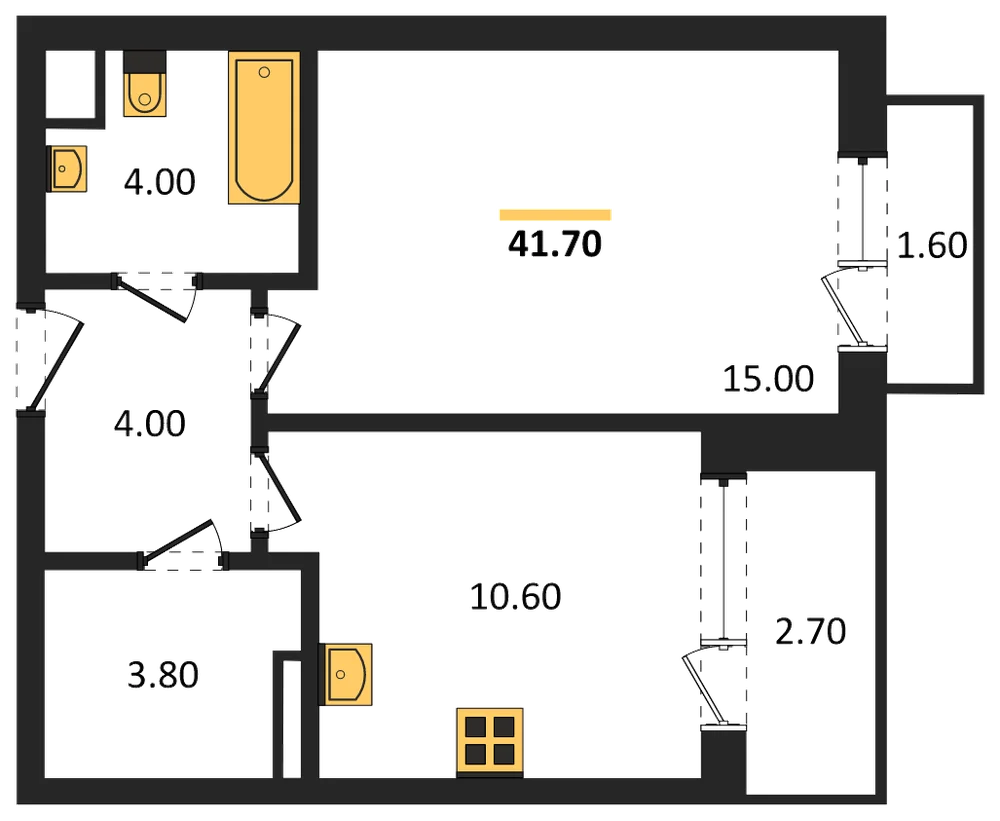 Планировка: 1-комн., 41,7 м²
