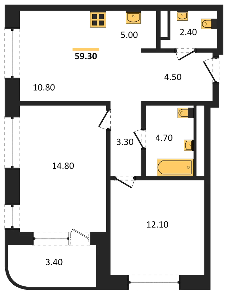 Планировка: 3-комн., 59,3 м²