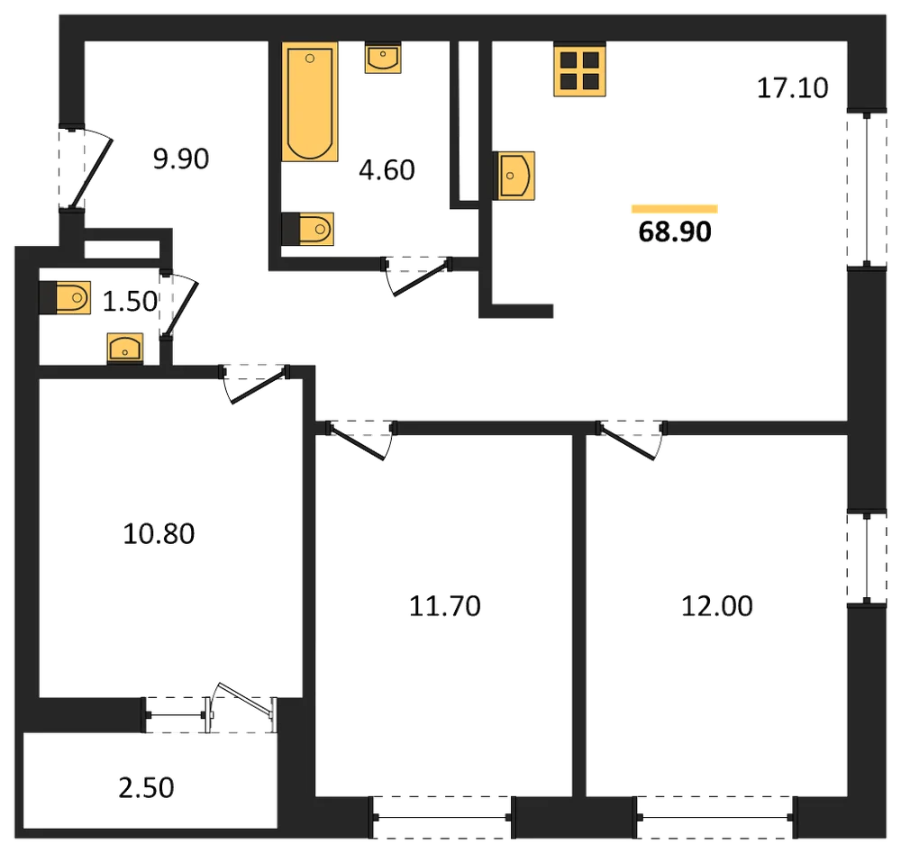 Планировка: 3-комн., 68,9 м²