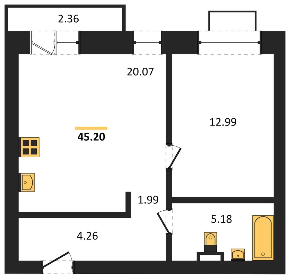 Планировка: 1-комн., 45,2 м²