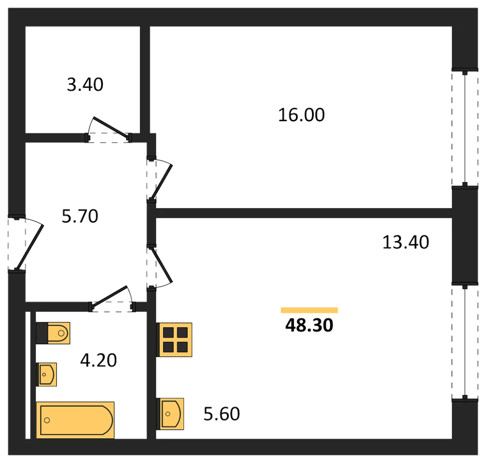 Планировка: 1-комн., 48,3 м²