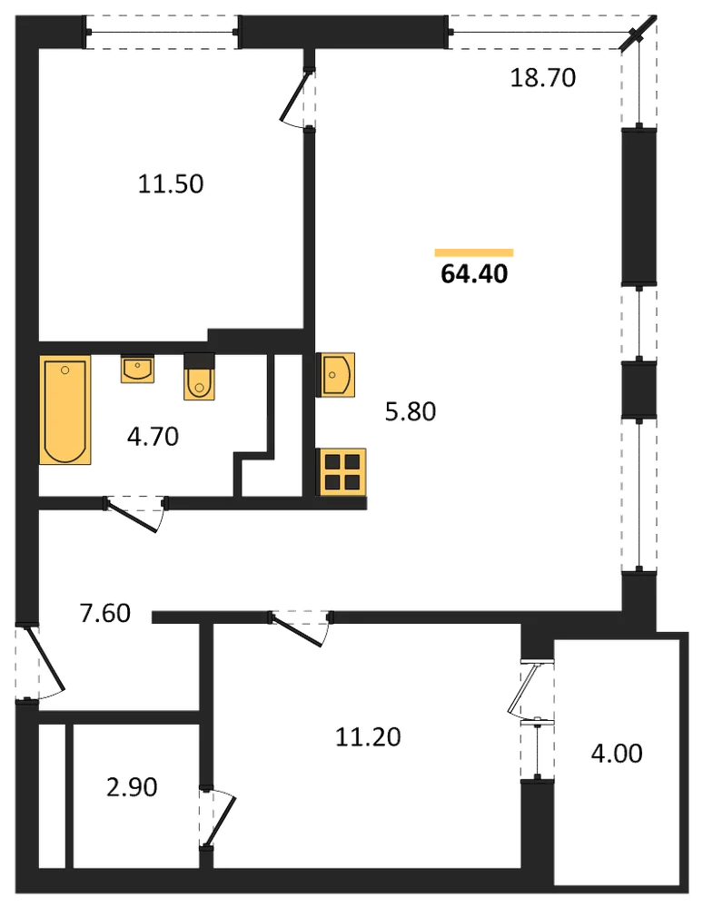 Планировка: 2-комн., 64,4 м²
