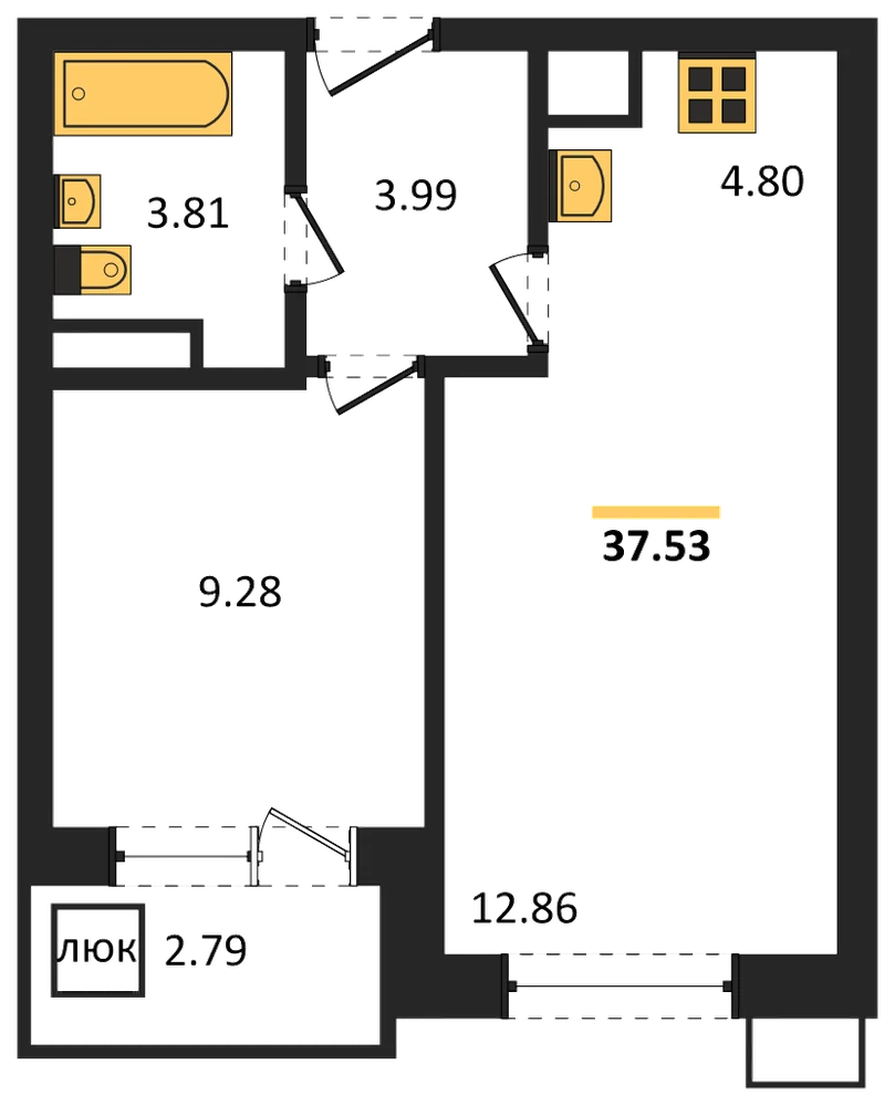 Планировка: 1-комн., 37,5 м²