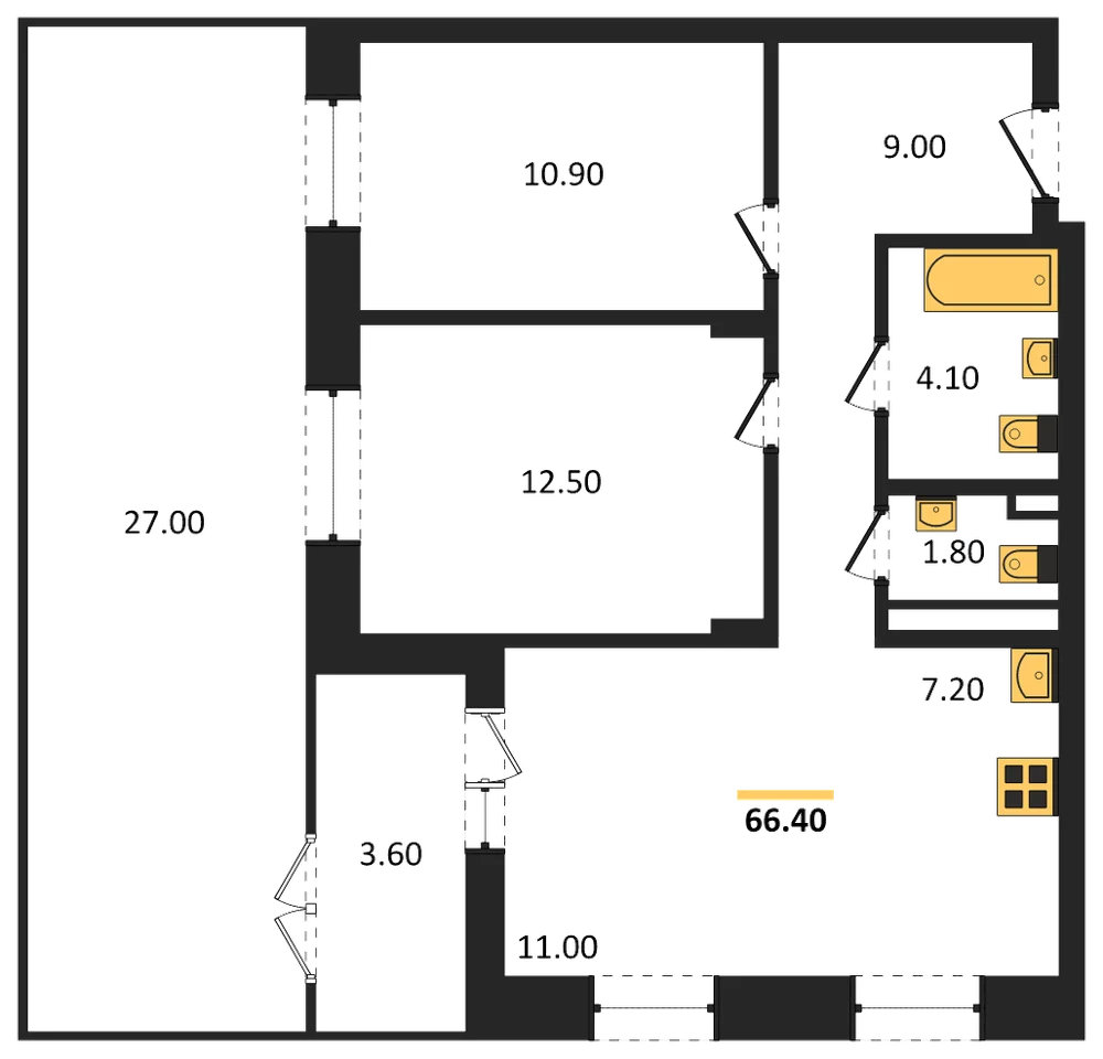Планировка: 2-комн., 66,4 м²