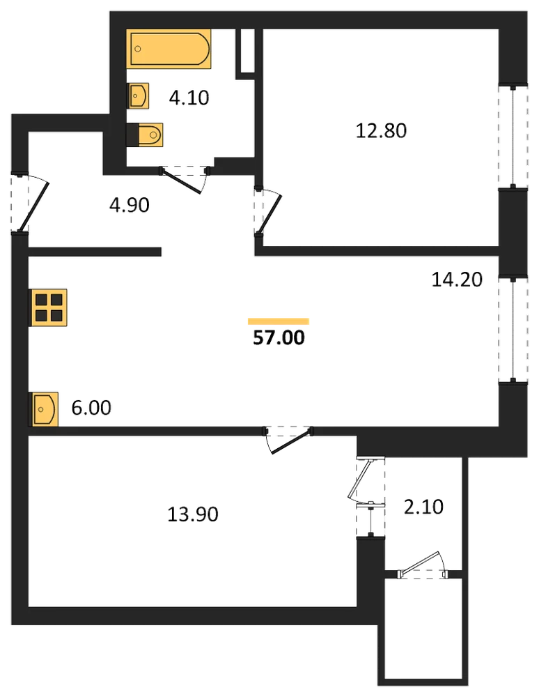 Планировка: 2-комн., 55,6 м²