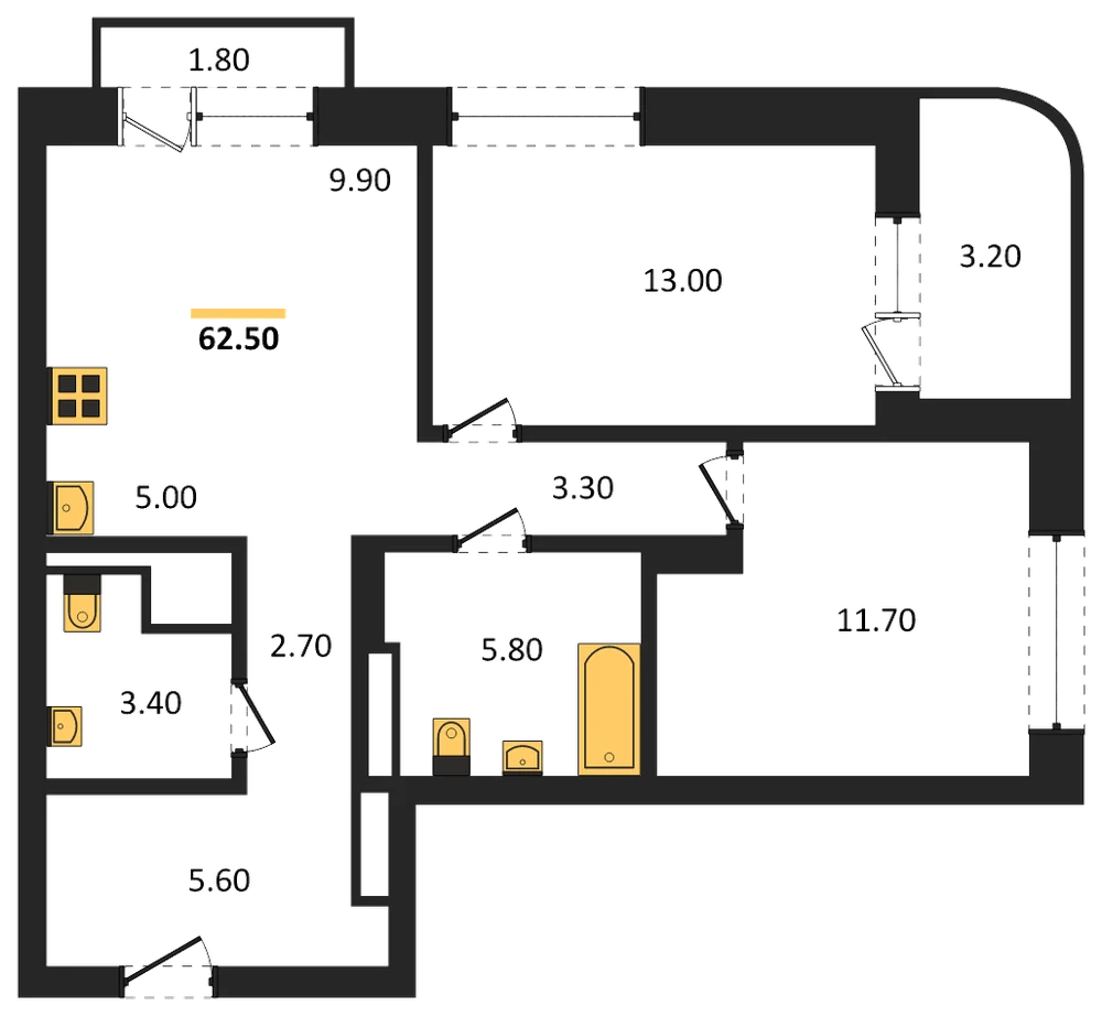 Планировка: 3-комн., 62,5 м²
