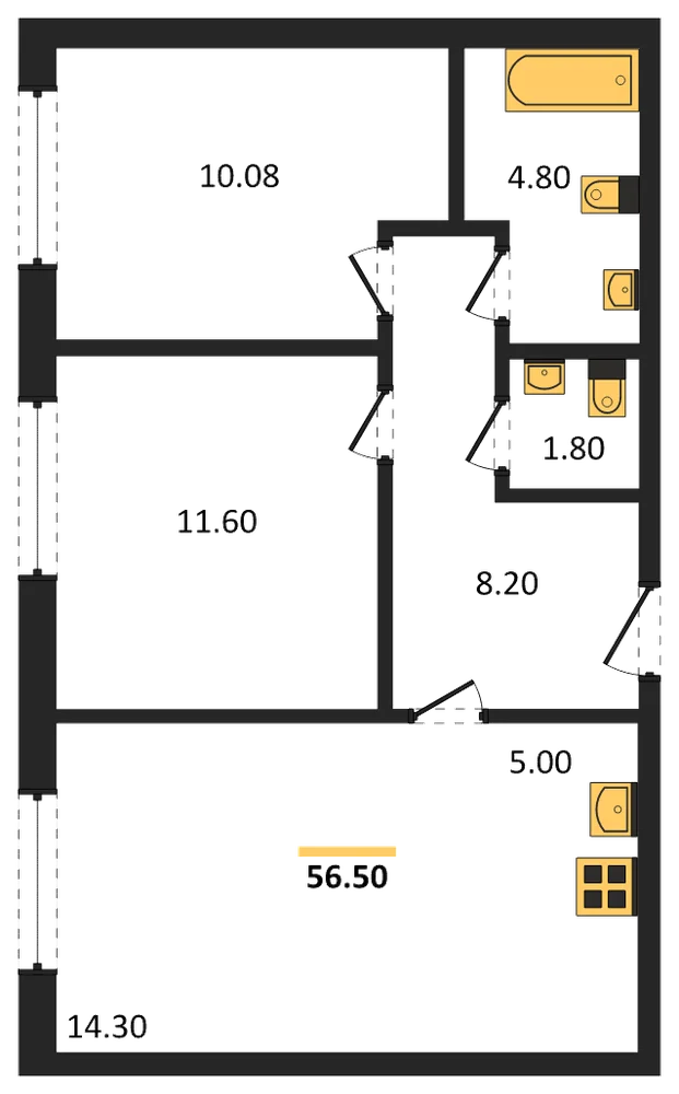 Планировка: 2-комн., 56,5 м²