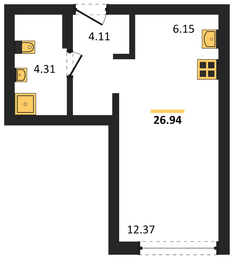 Планировка: Студия, 26,9 м²